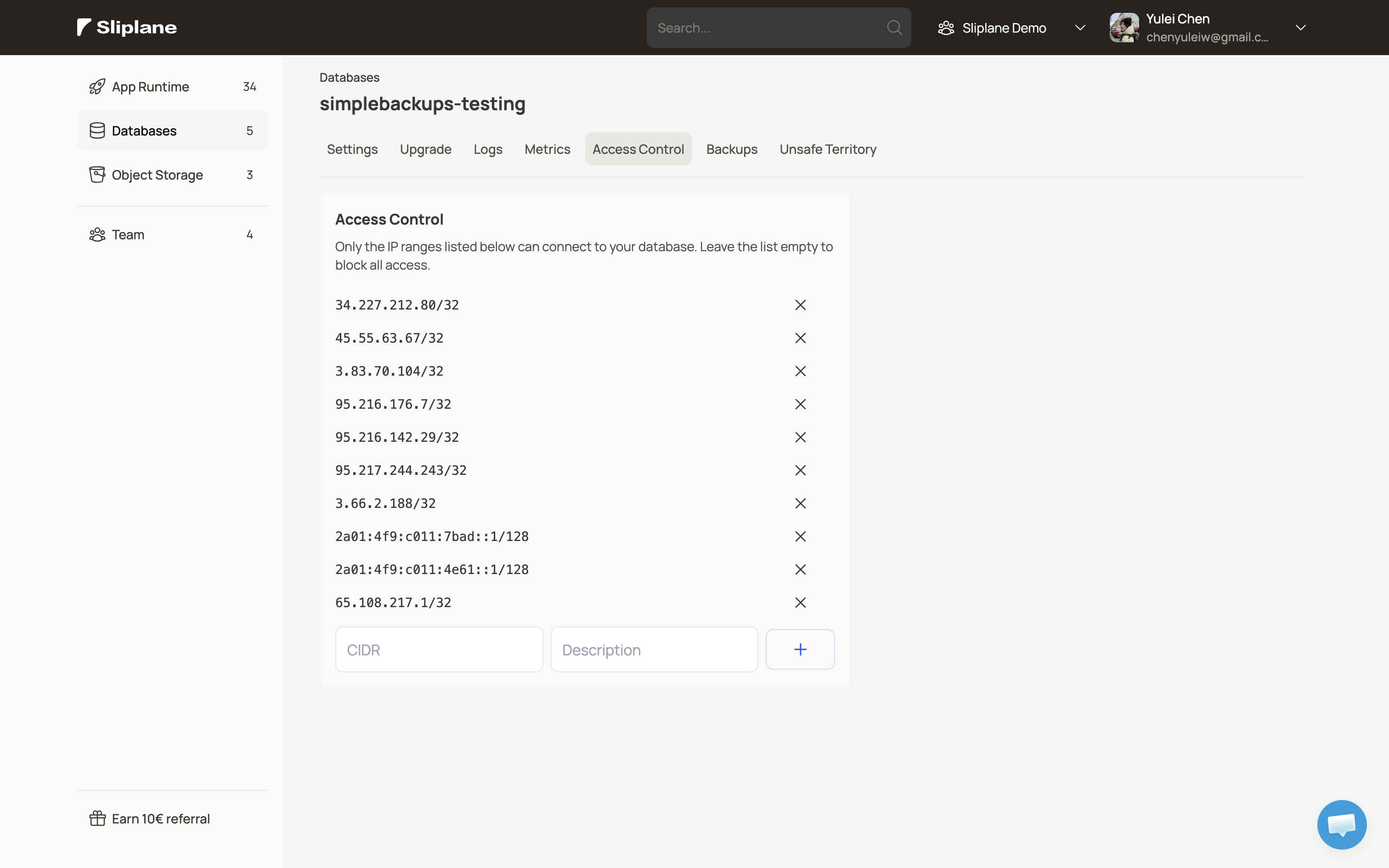 Sliplane database Access Control page with the SimpleBackups CIDR ranges added